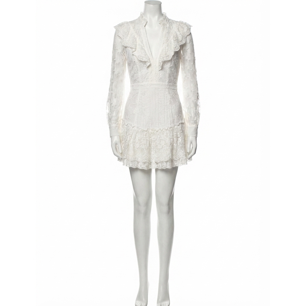 NEW LOVESHACKFANCY trisharuffled lace mini dress in true white